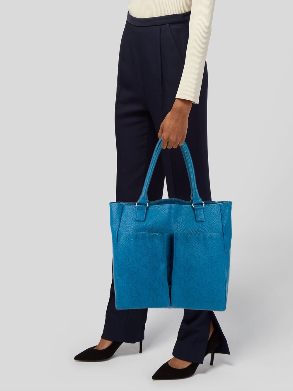 Neiman Marcus Blue Python Embossed Faux Leather Tote Bag OS